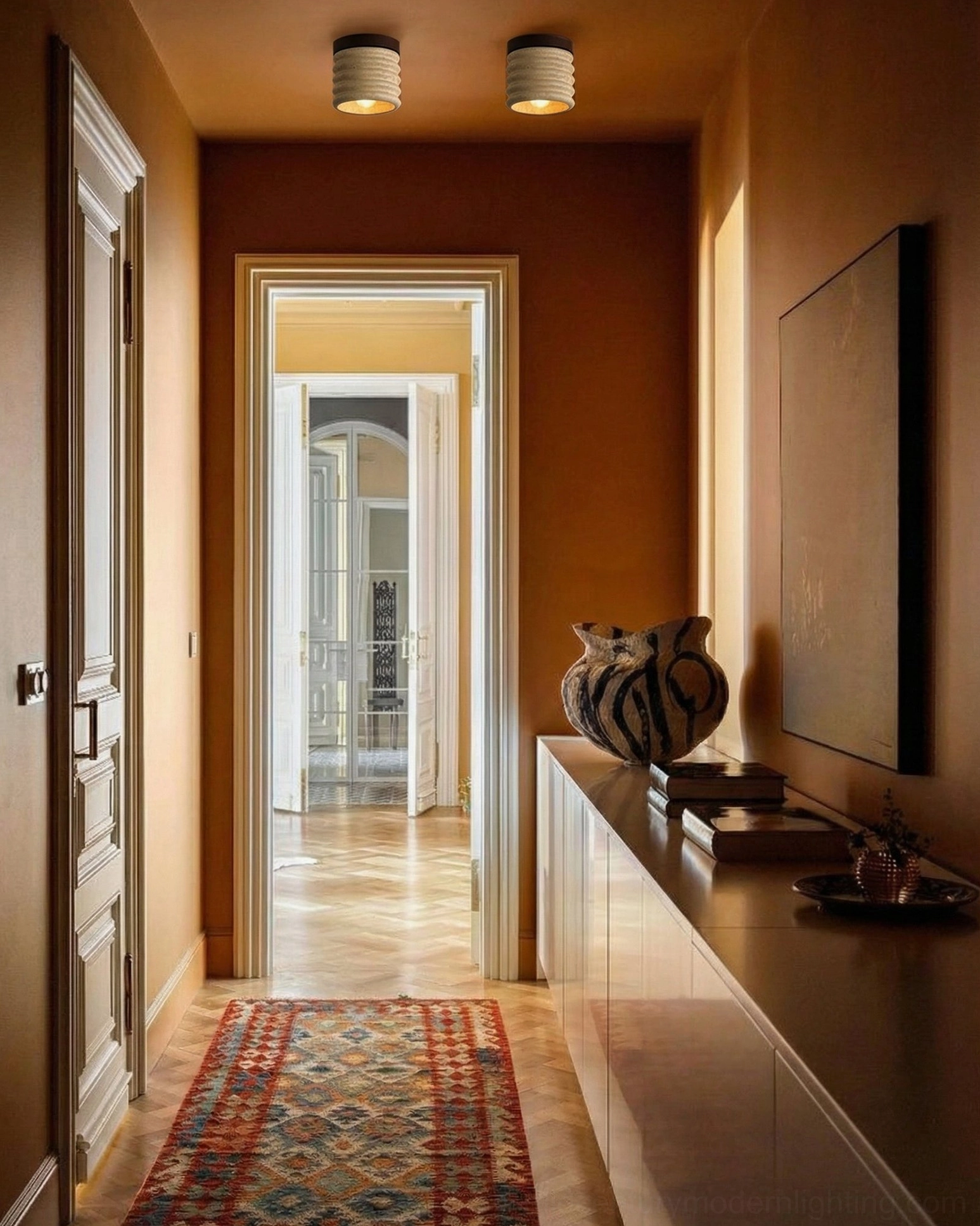 Dual travertine ceiling lamps installed in residential hallway, cohesive neutral rustic design