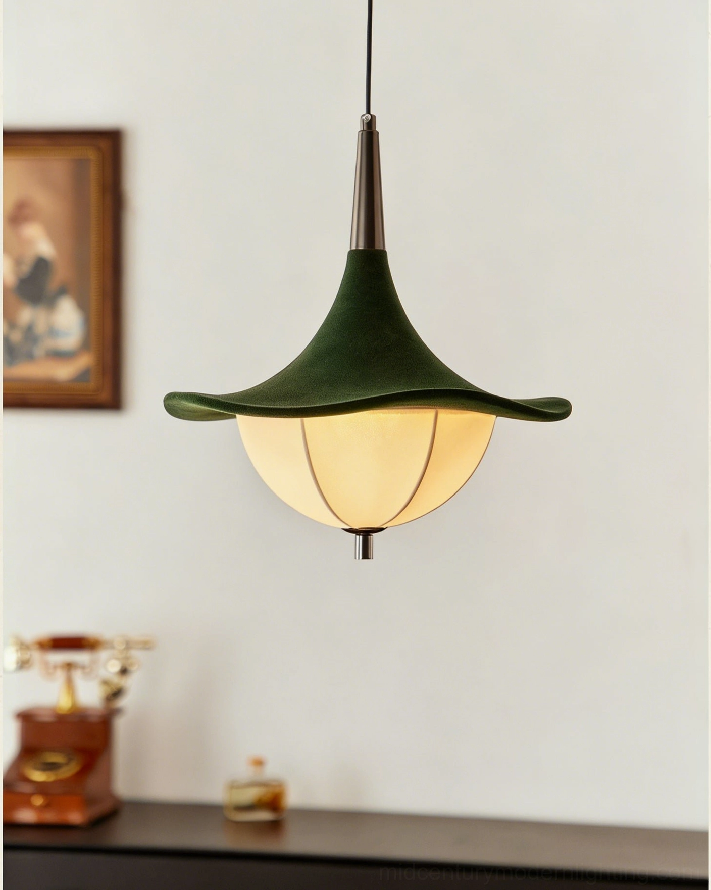 Vadar vintage pendant fixture in retro interior with side table, telephone, and decorative ornaments