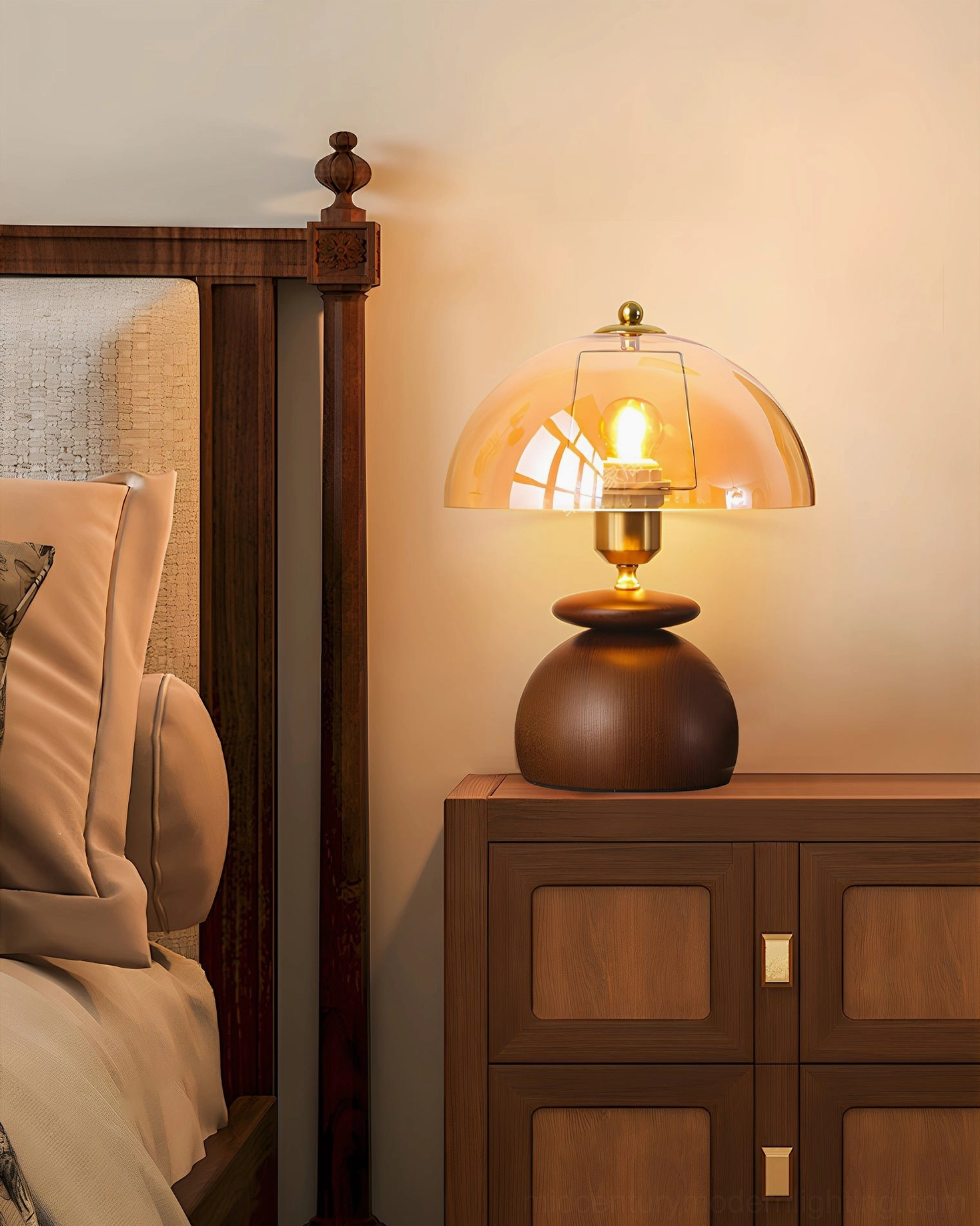 Valeska table lamp on wooden bedside nightstand with warm ambient light for evening reading