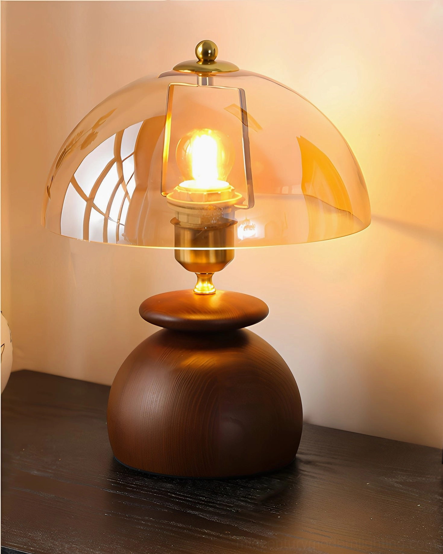 Valeska lamp close-up front view on dark wooden tabletop with clear sculptural silhouette