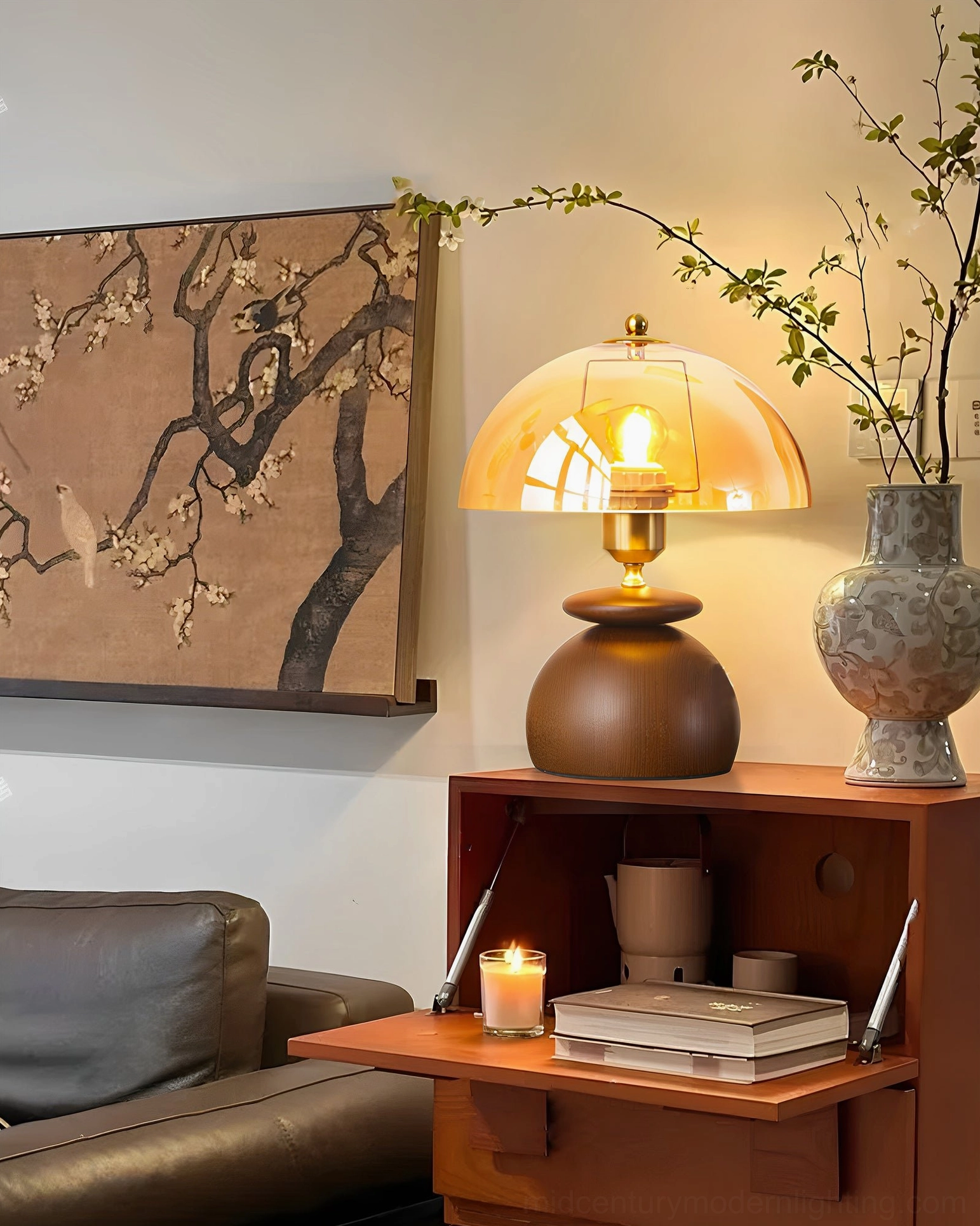Valeska mushroom lamp golden finial and brass hardware detail with amber glass dome crown