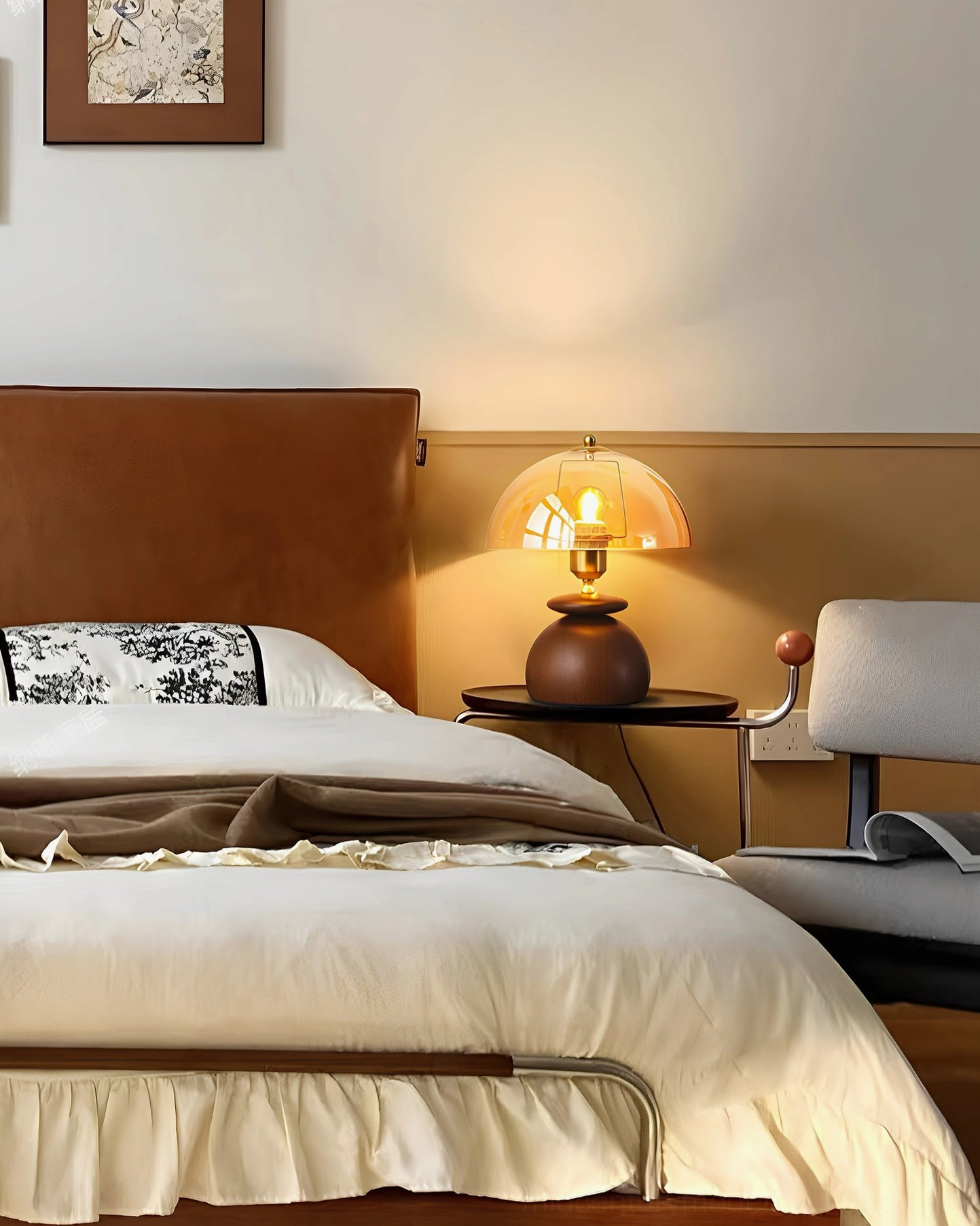 Valeska table lamp sculptural mushroom form showing proportions and stacked pebble wood base design