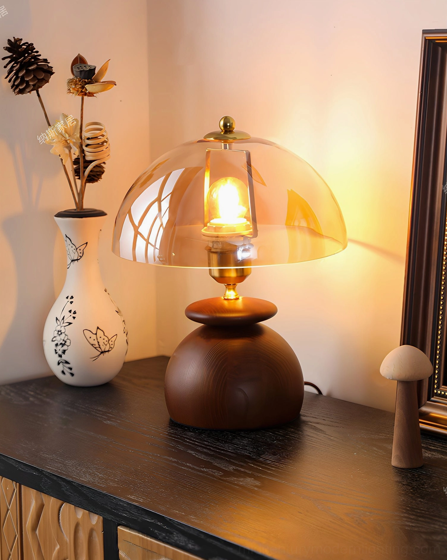Valeska table lamp warm ambient lighting in vintage interior with close wall placement
