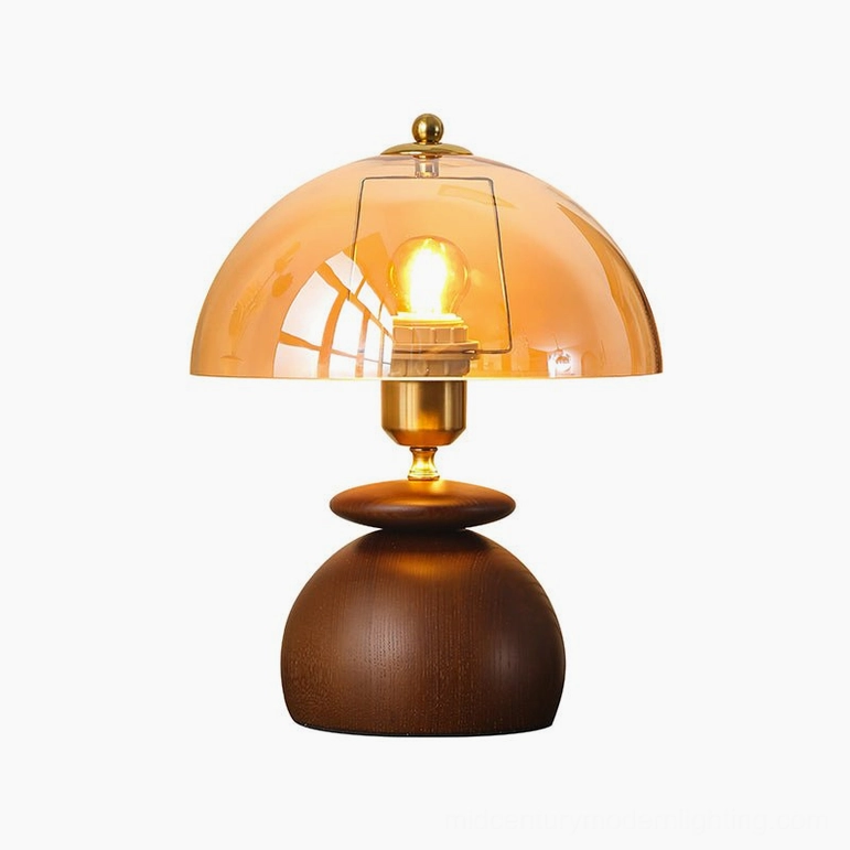 Valeska walnut brass amber table lamp product shot with all materials visible in studio lighting