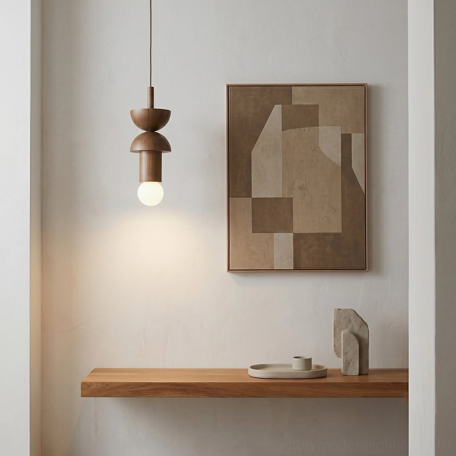 Single Vanya geometric wood pendant light entryway accent wall installation detail