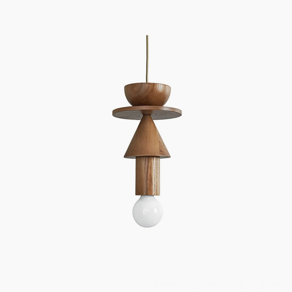 Vanya geometric pendant light stacked wood design front view studio shot walnut finish