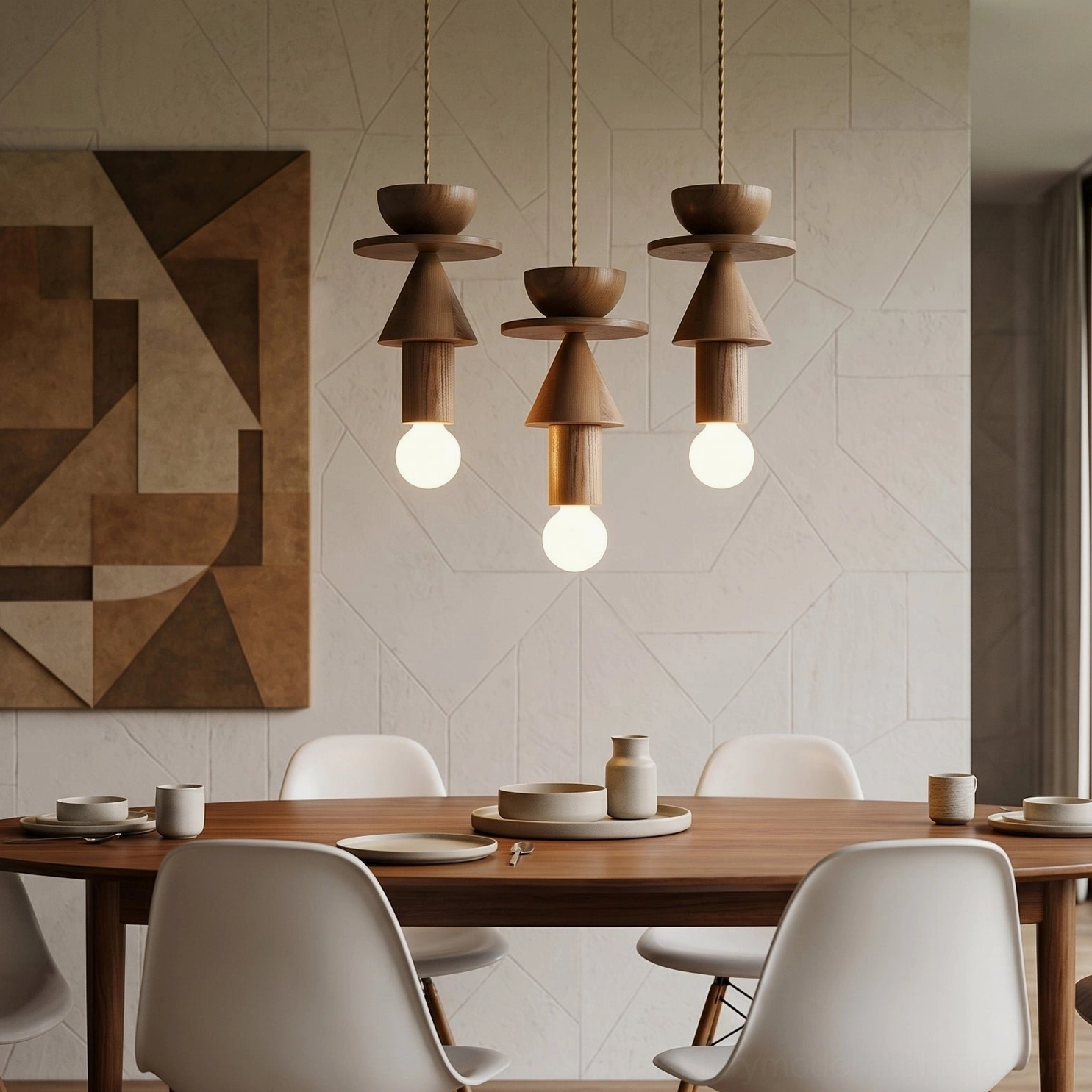 Set of three Vanya geometric pendant lights above modern dining table contemporary style
