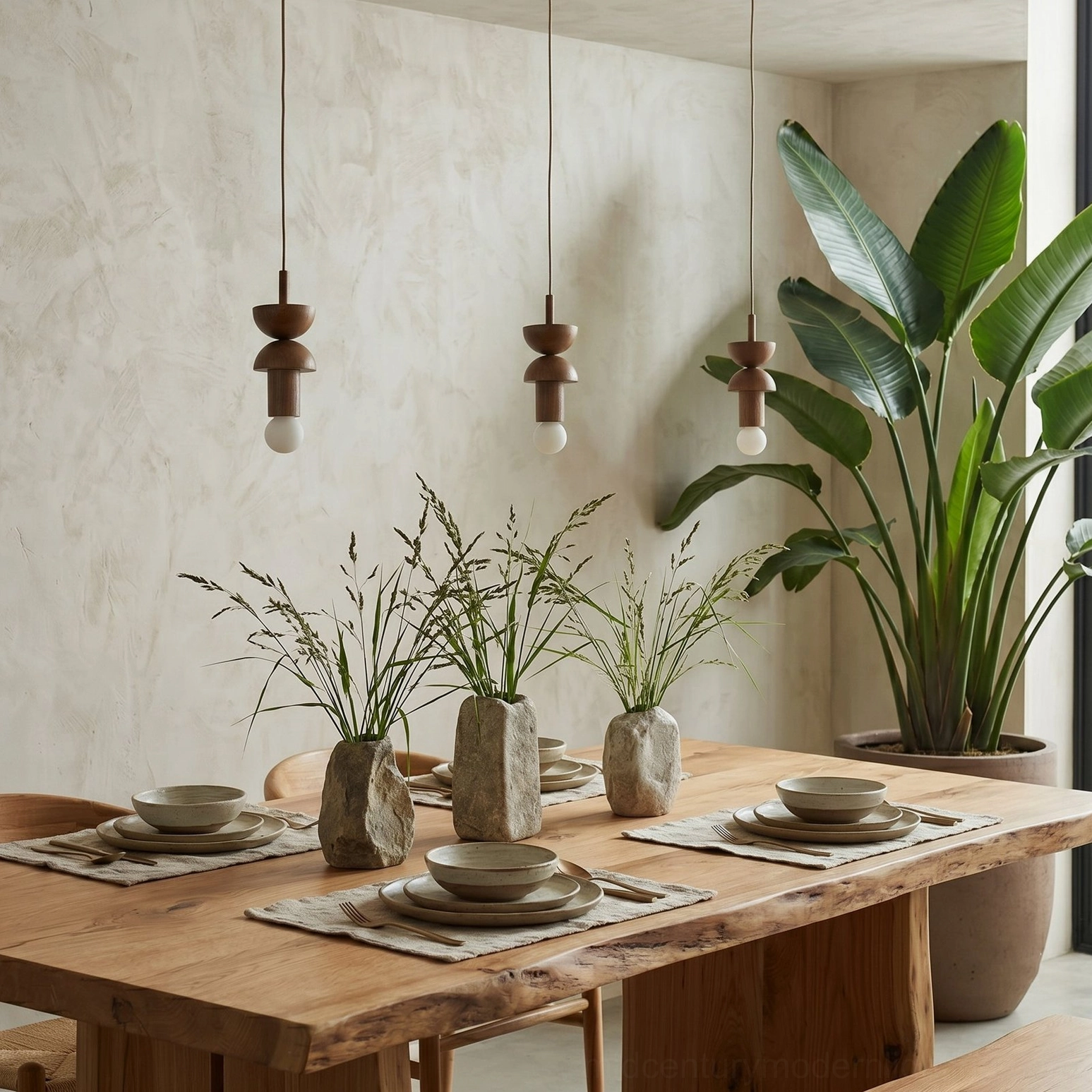 Set of four Vanya pendant lights above dining table with wooden furniture warm aesthetic