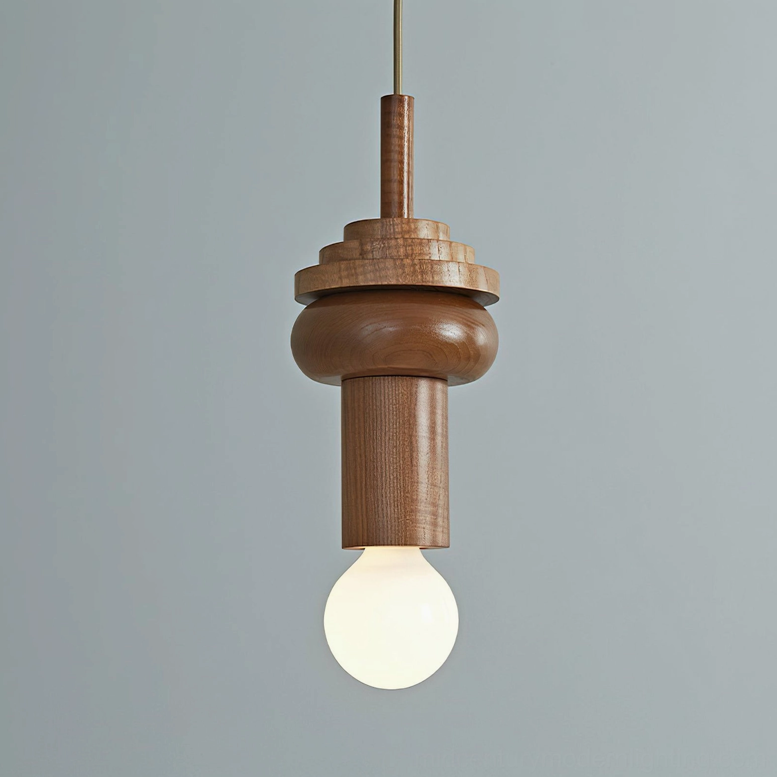 Vanya mid-century modern geometric pendant light close-up wood stacking detail