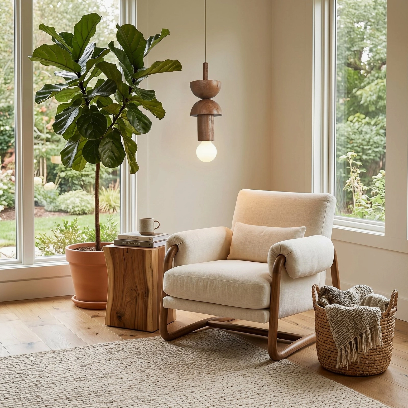 Vanya wood pendant light in bright living nook with upholstered lounge chair window light