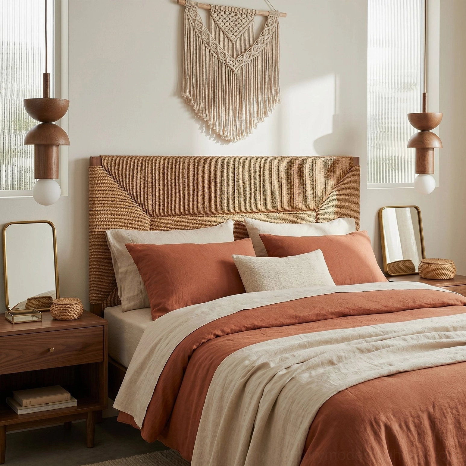Pair of Vanya wood pendant lights in bohemian master bedroom with macrame wall hanging