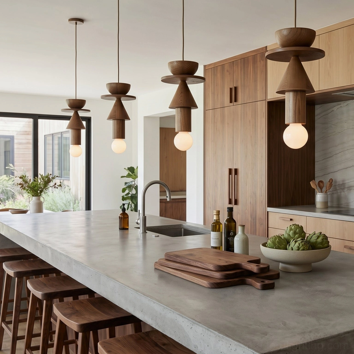 Multiple Vanya geometric pendant lights above kitchen island wooden bar stools bohemian