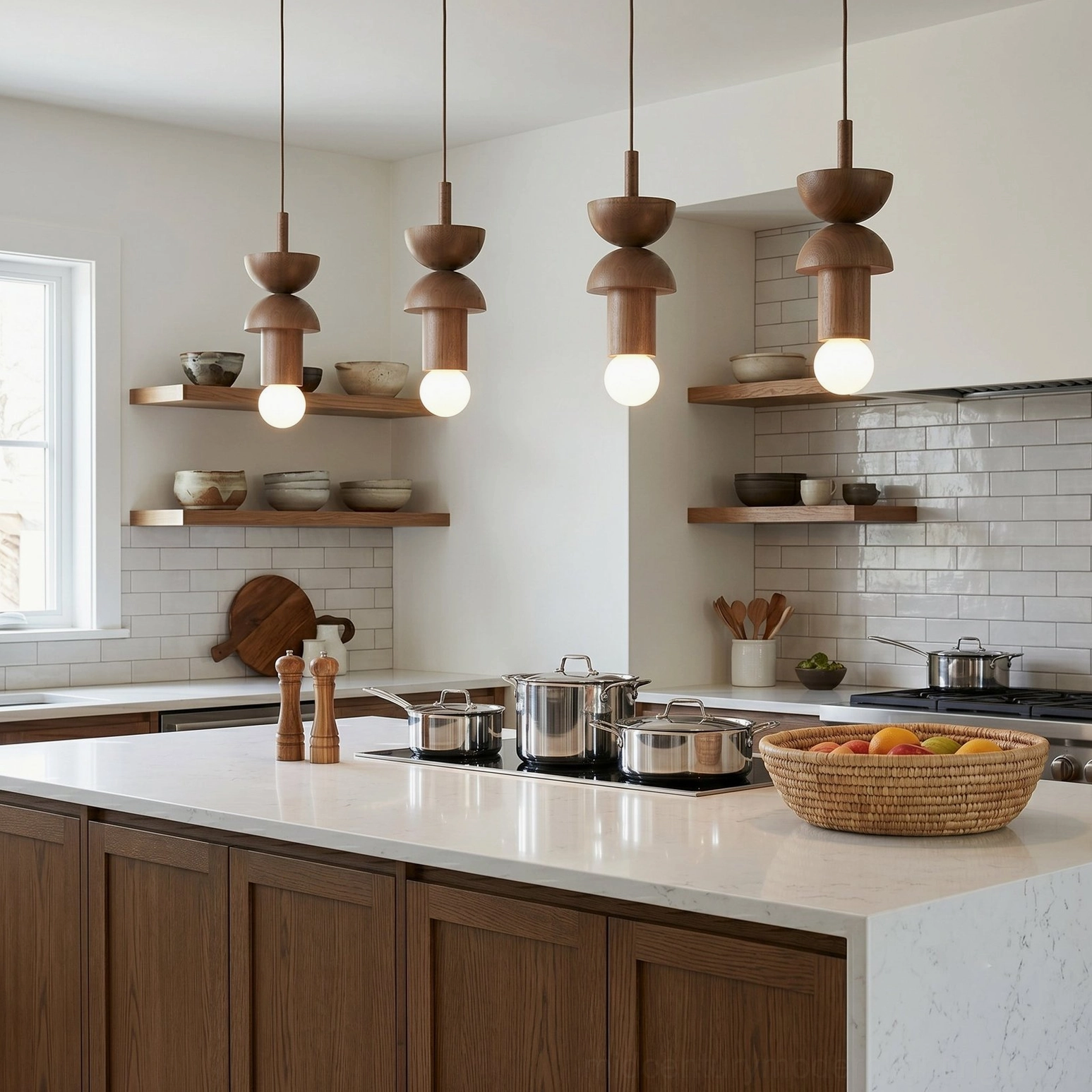 Four Vanya geometric wood pendant lights contemporary open kitchen modern minimalist