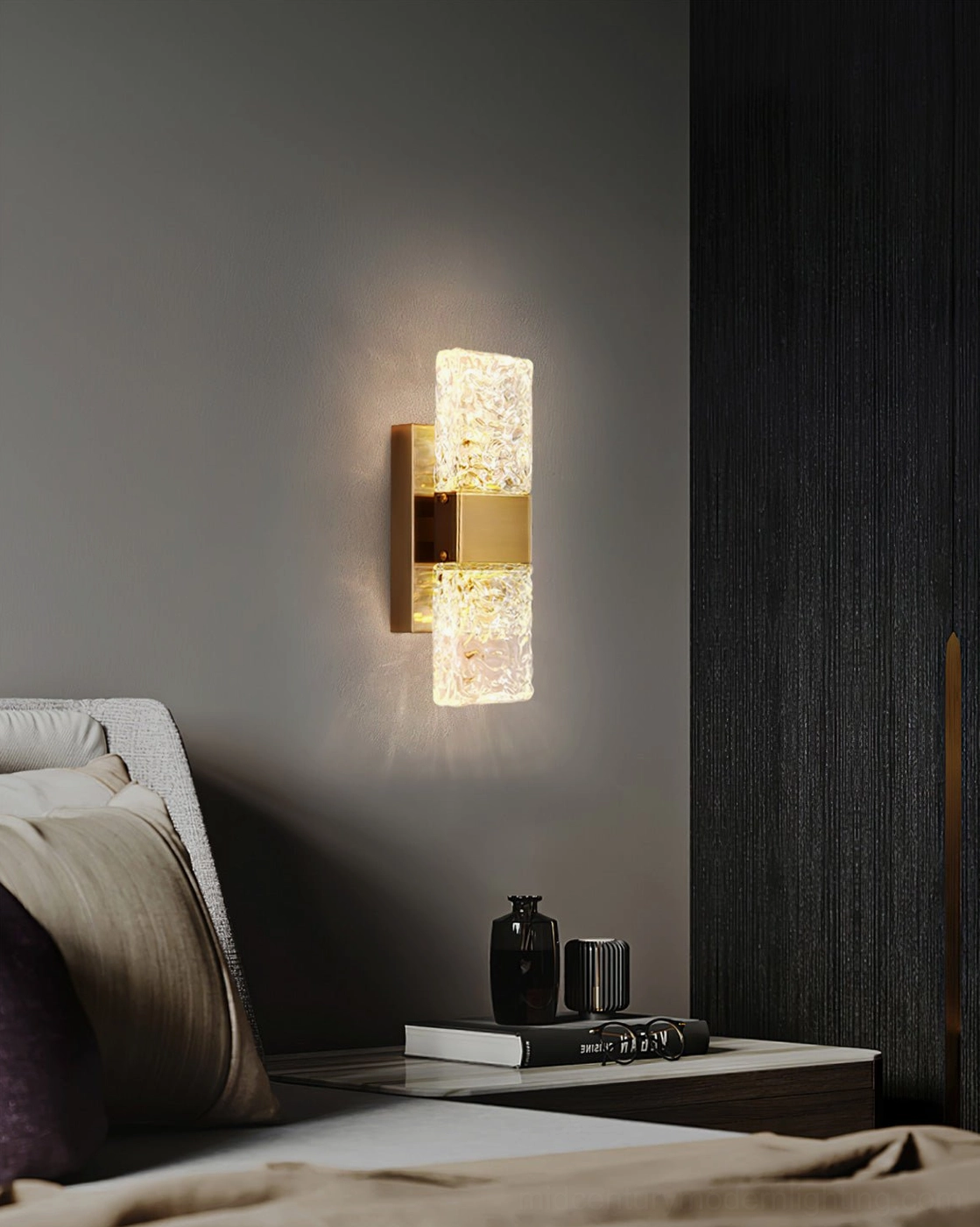 Pair of Vega wall sconces flanking bed in master bedroom with dark grey walls and neutral bedding
