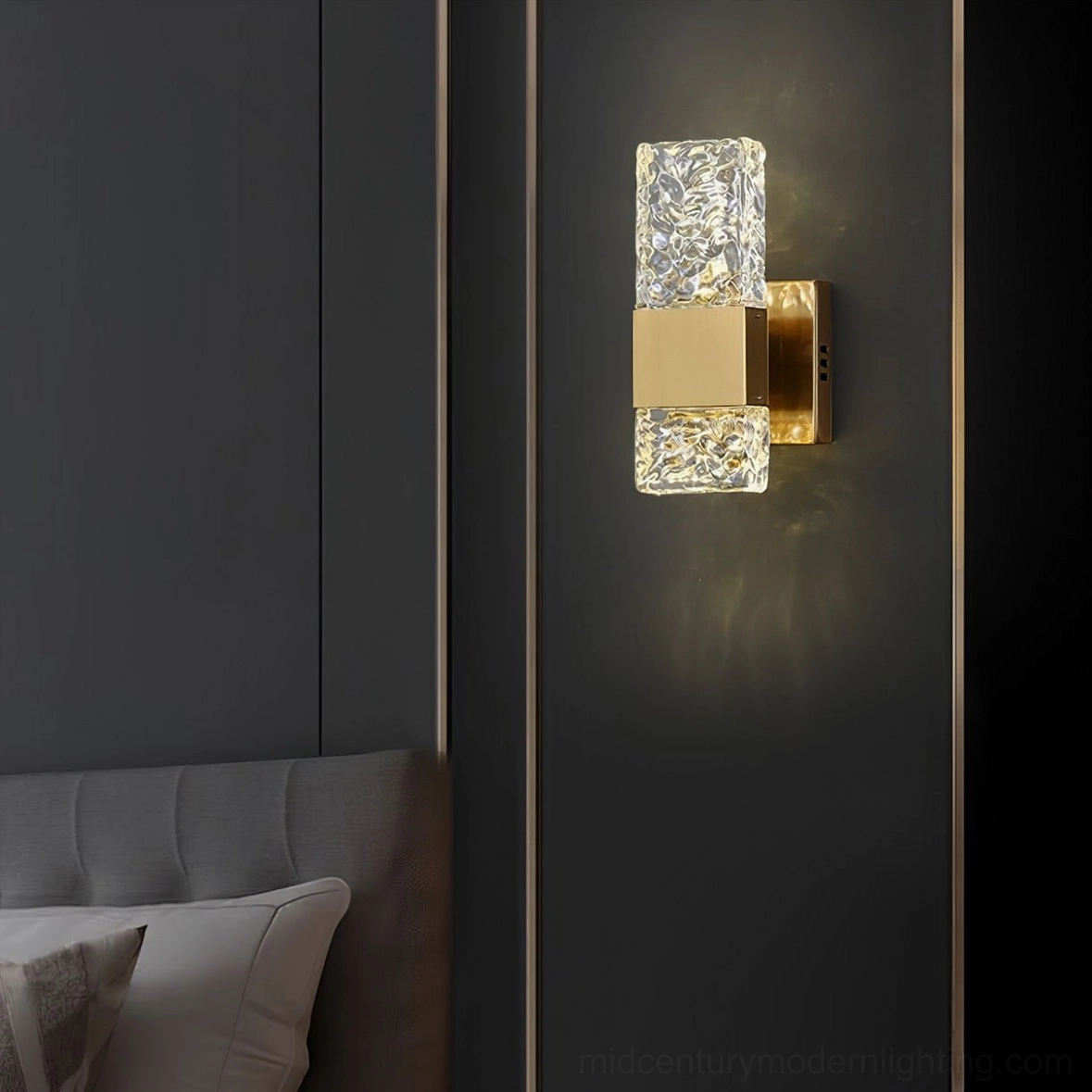 Vega textured glass wall sconce studio product shot, mid-century modern brass gold lighting fixture