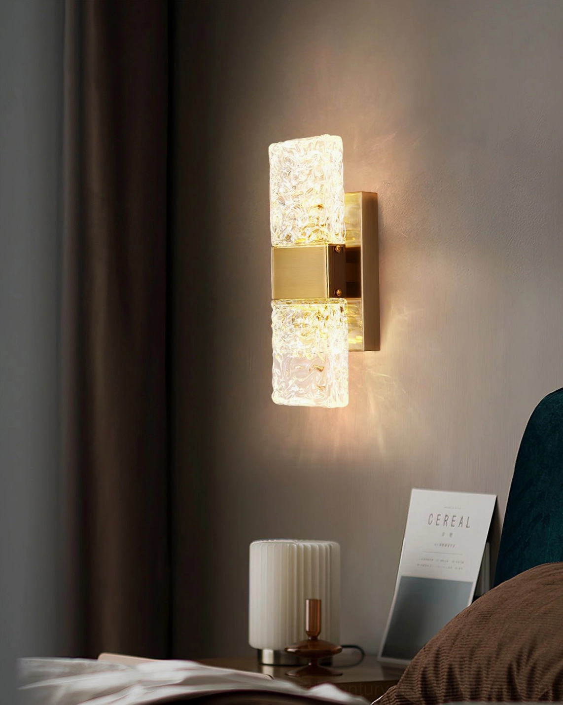 Vega bedside wall lamp with warm glow in modern bedroom setting, perfect mid-century accent lighting