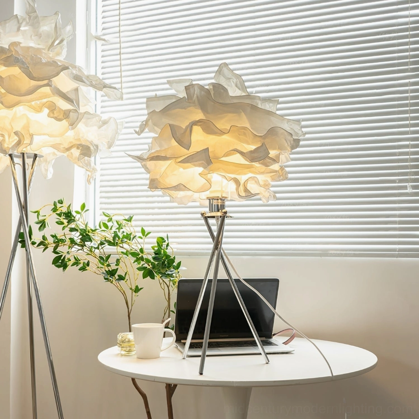 Veli cloud paper lamp positioned at home study desk with window blinds, round side table, and potted plant in contemporary workspace