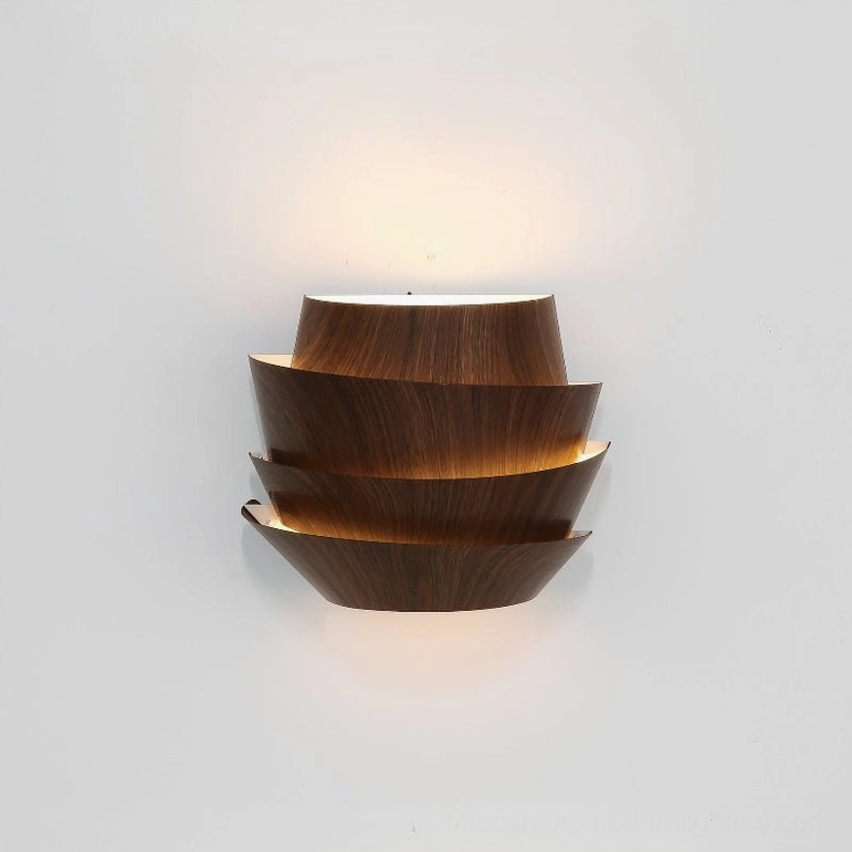 Veneer sculptural wall lamp full profile view layered metal construction walnut color finish