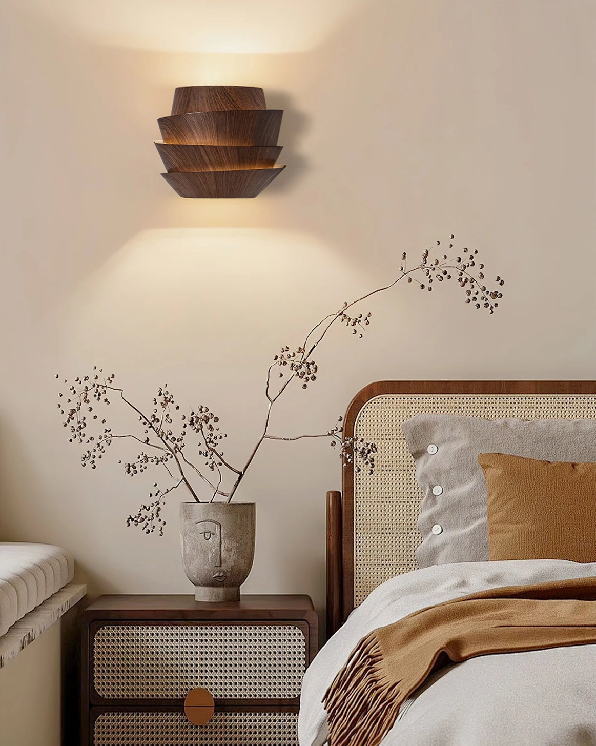 Veneer wall lamp in japandi style bedroom with rattan bedside table and dried floral decor ambiance