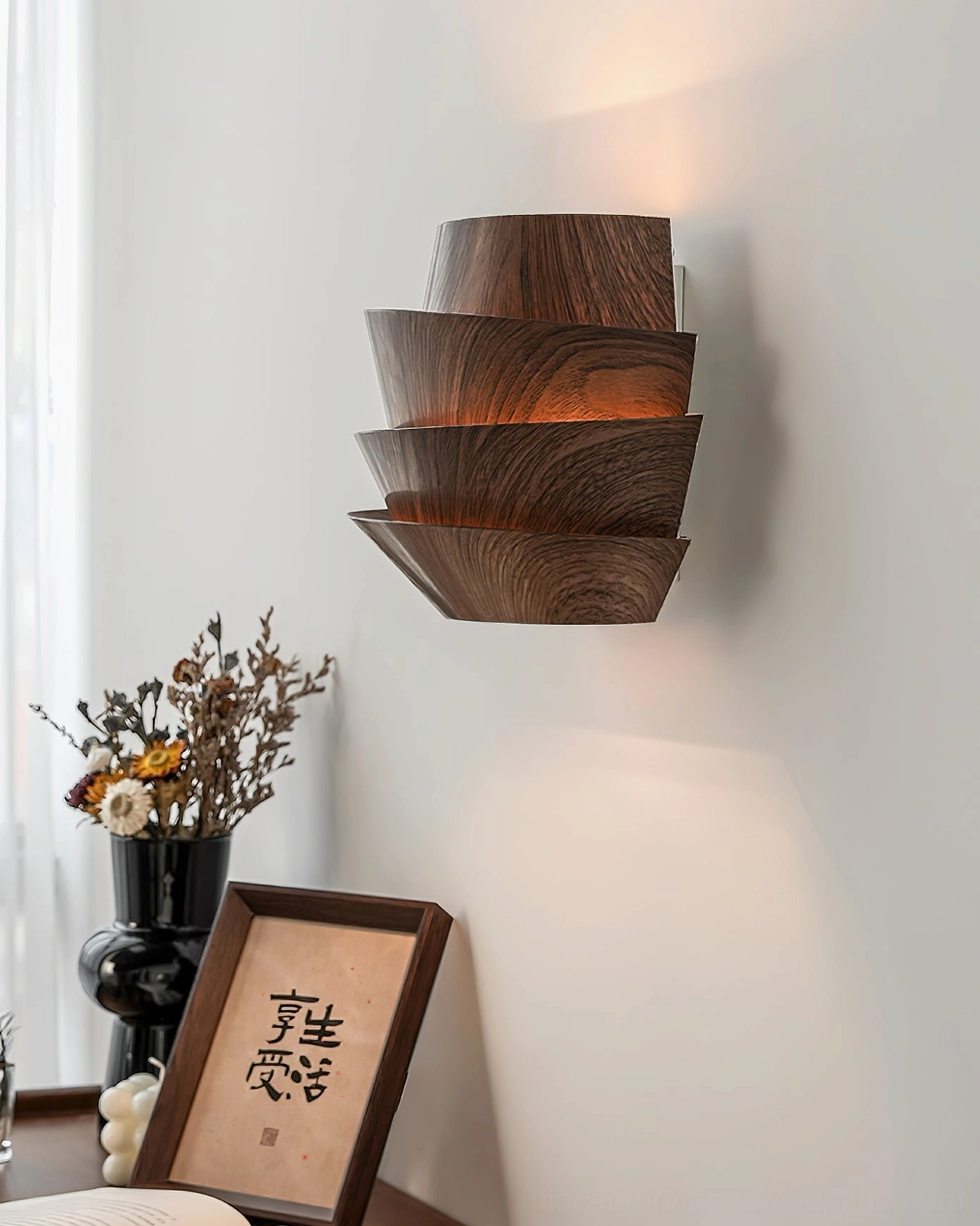 Veneer layered wall lamp side view near window bright natural light with dried flowers and framed art