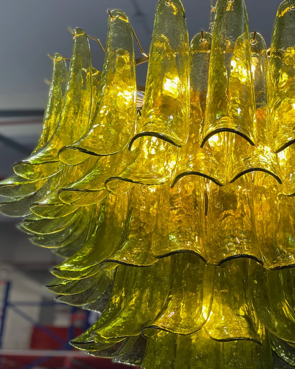 Verdant Petalo handcrafted glass chandelier - detail shot of glass assembly and metal hardware construction