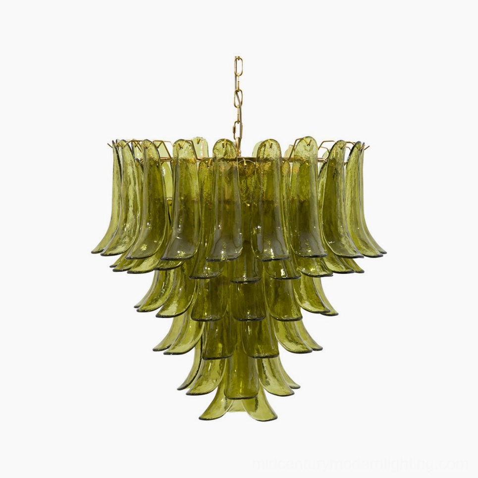 Verdant Petalo handcrafted glass chandelier with cascading olive green petals and gold hanging chain - front full view