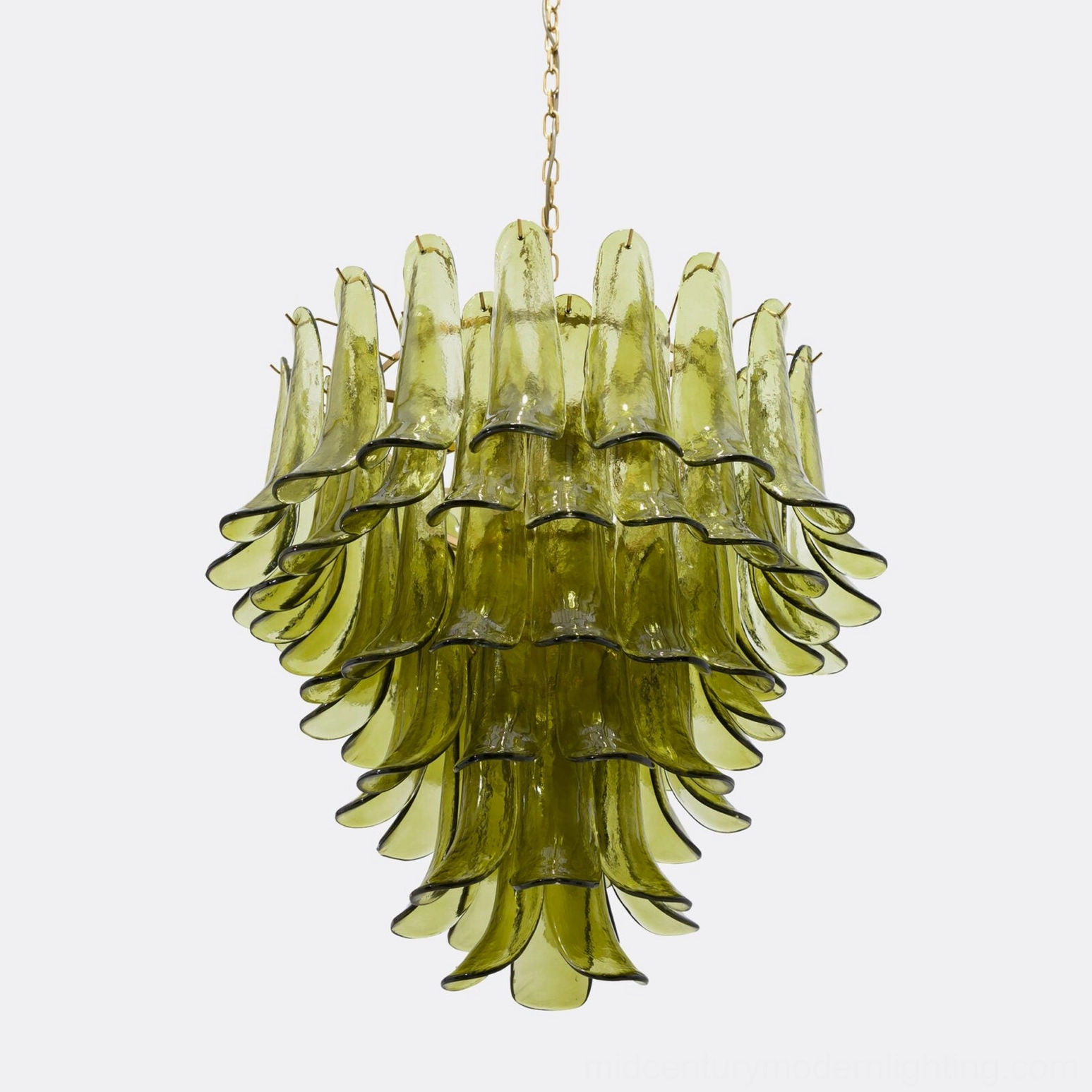 Overhead view of Verdant Petalo chandelier showing tiered architectural design and gold suspension chain