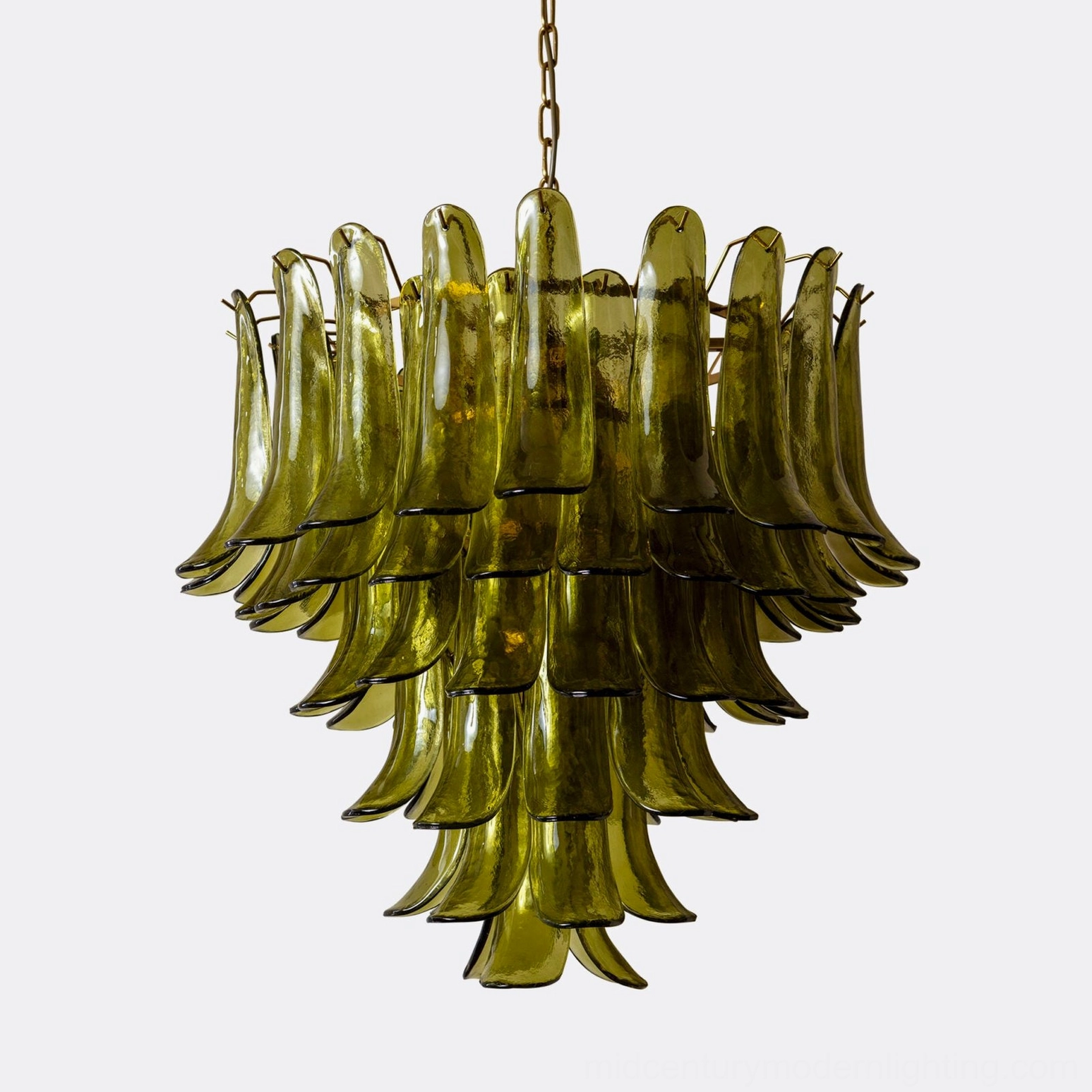 Side angle view of Verdant Petalo chandelier displaying layered petal structure and organic glass texture in deep olive tone
