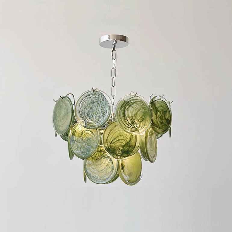 Compact 50cm Verde Glass Disc Chandelier small version ideal for bedrooms and intimate dining spaces