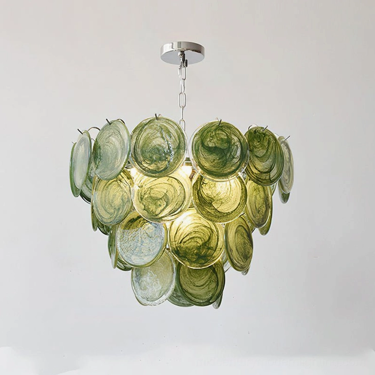 Medium 60cm Verde Glass Disc Chandelier mid-size pendant showing standard kitchen island and dining use