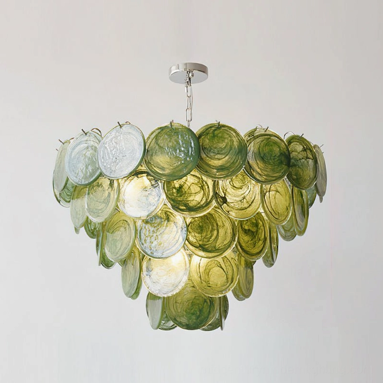 Large 80cm Verde Glass Disc Chandelier grand version showcasing 12 light bulb capacity