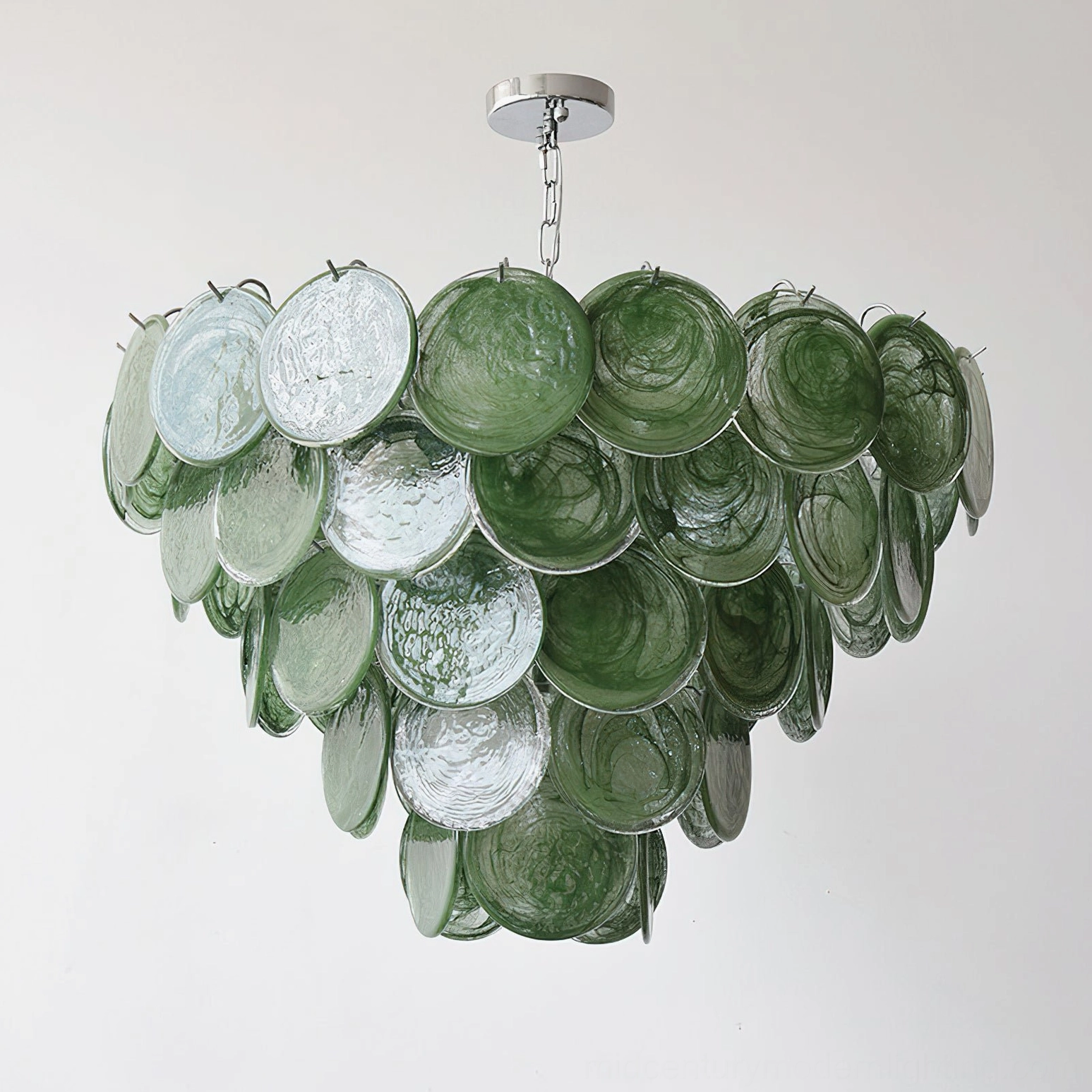 Verde Glass Disc Chandelier studio shot highlighting green glass color gradient and tiered cone silhouette