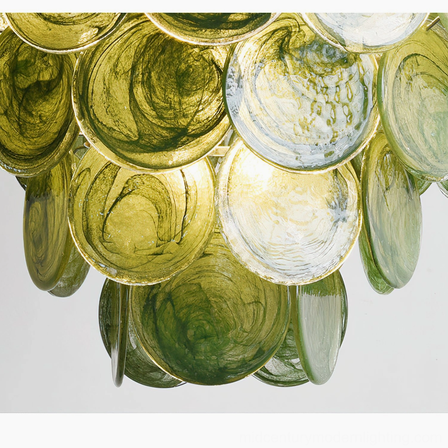Verde Glass Disc Chandelier close-up detail showing hand-pressed glass texture and light refraction