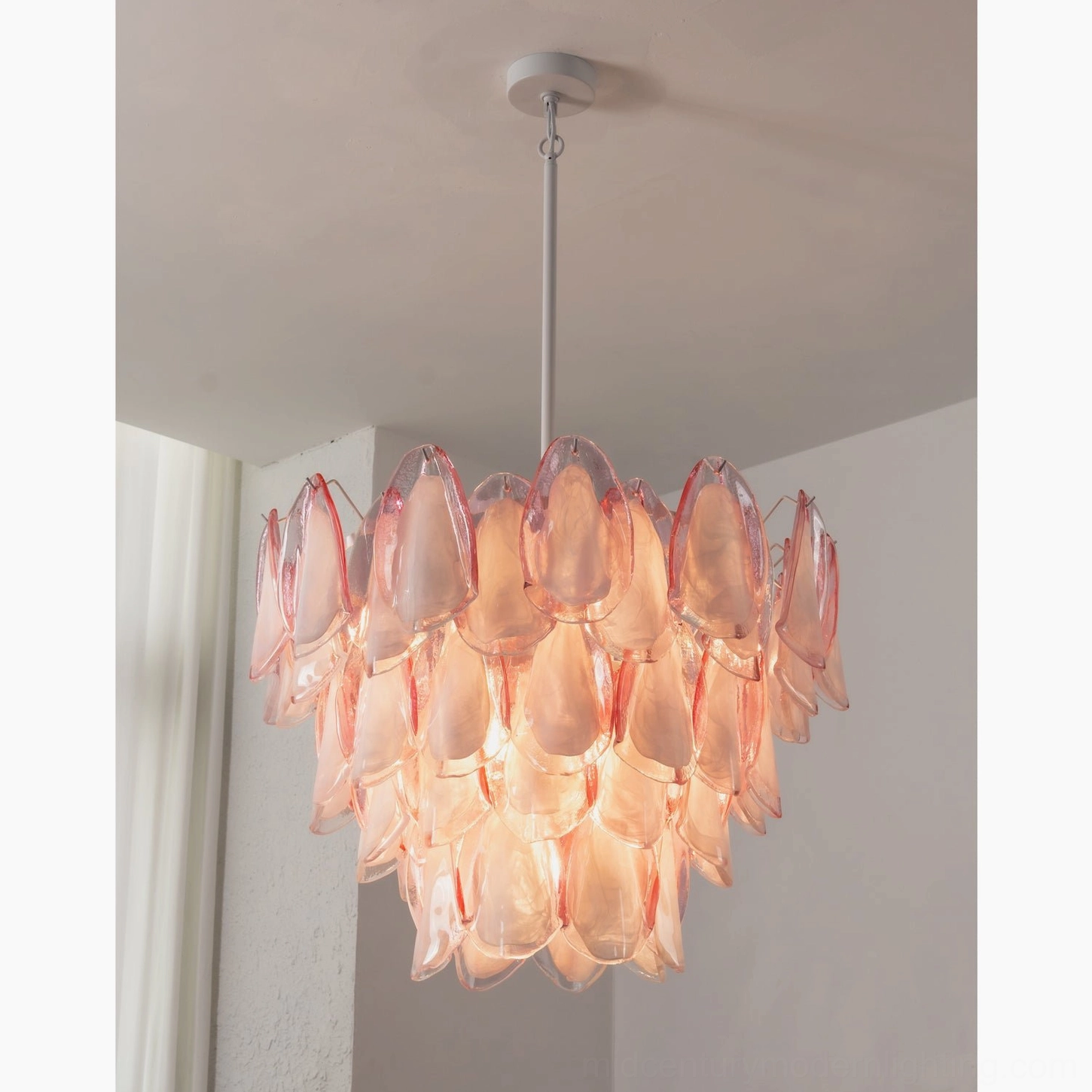 Pink Murano glass chandelier foyer installation, grand entry romantic ambiance hand-blown artisan craftsmanship