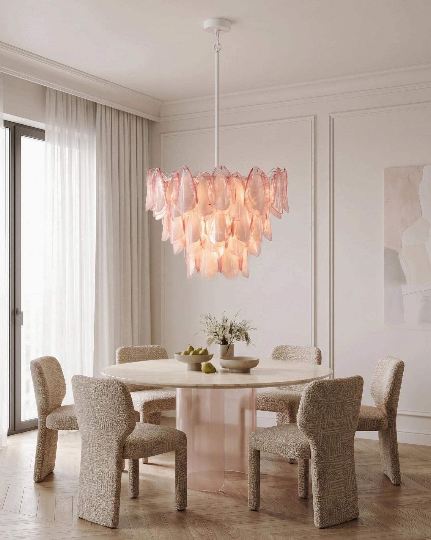 Pink Murano glass chandelier light diffusion detail, translucent petal glow casting soft illumination throughout space
