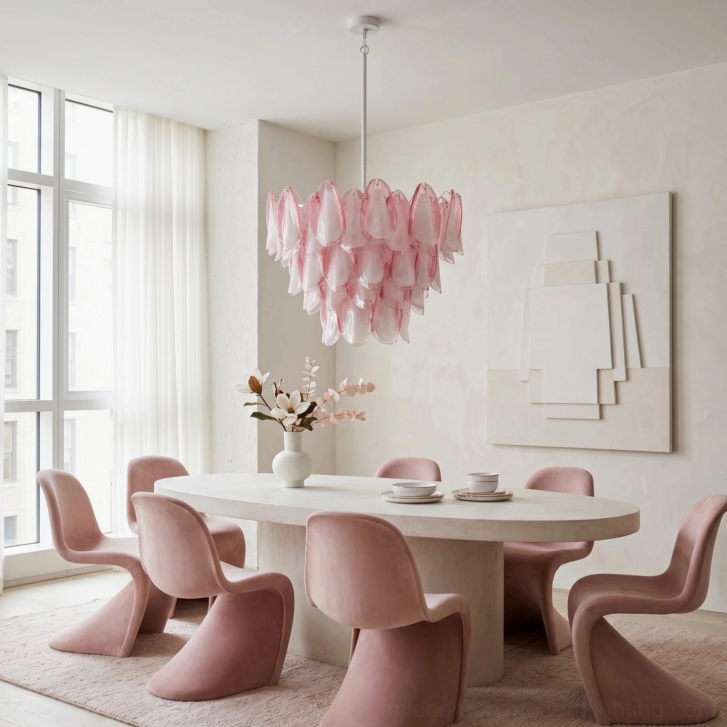 Verona pink chandelier architectural detail hand-blown Murano glass petal layering technique artisan craftsmanship