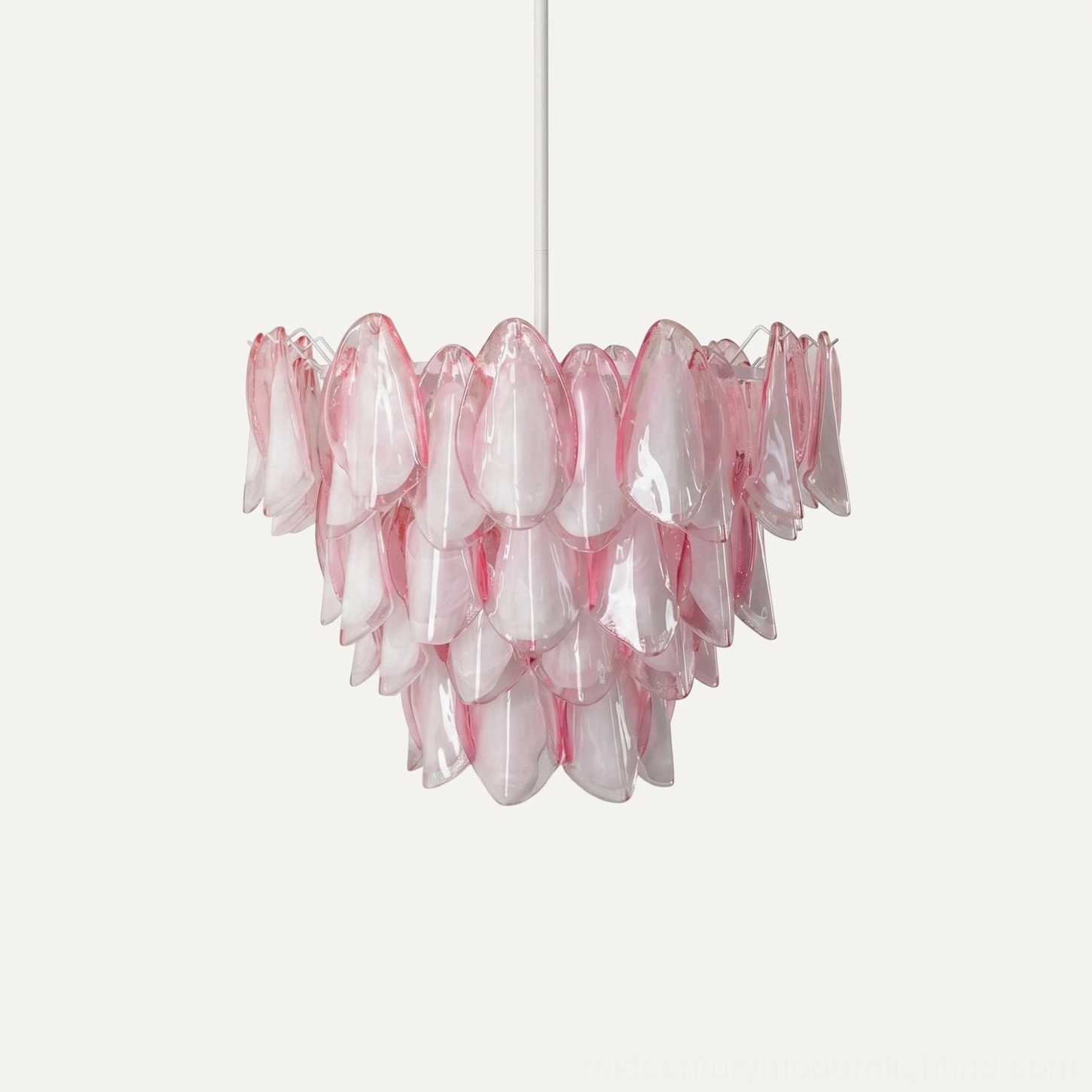 Gradient pink Murano glass chandelier two-tone petal design tiered silhouette frontal view, hand-blown artistic glass