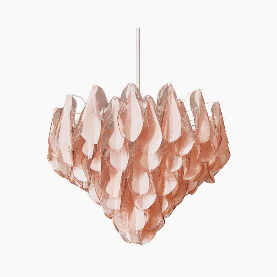 Verona Pink Murano glass chandelier front view, hand-blown petal design with tiered silhouette on white background
