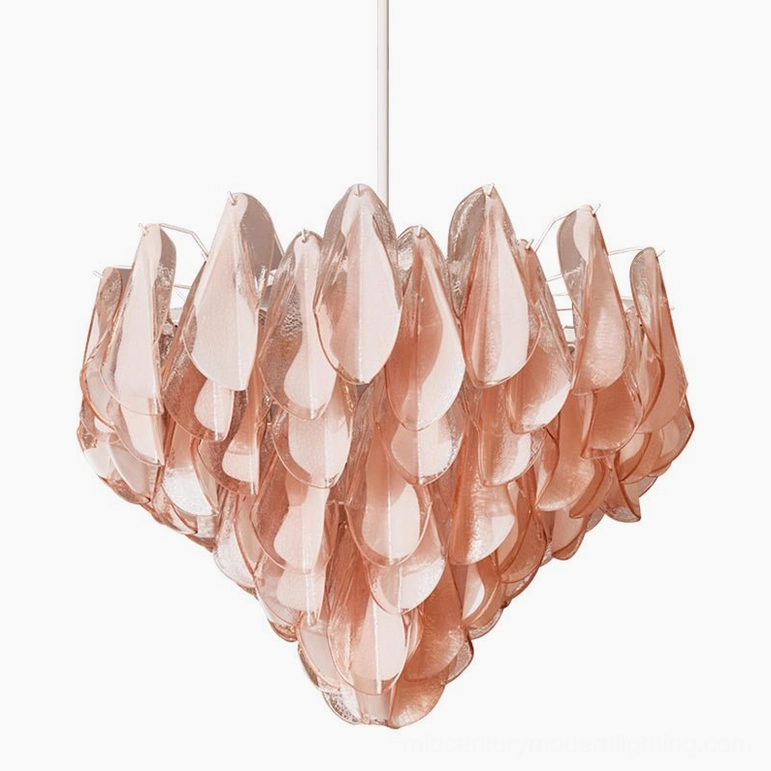 Verona pink Murano glass chandelier studio view with suspension rod, tiered petal architecture on white background