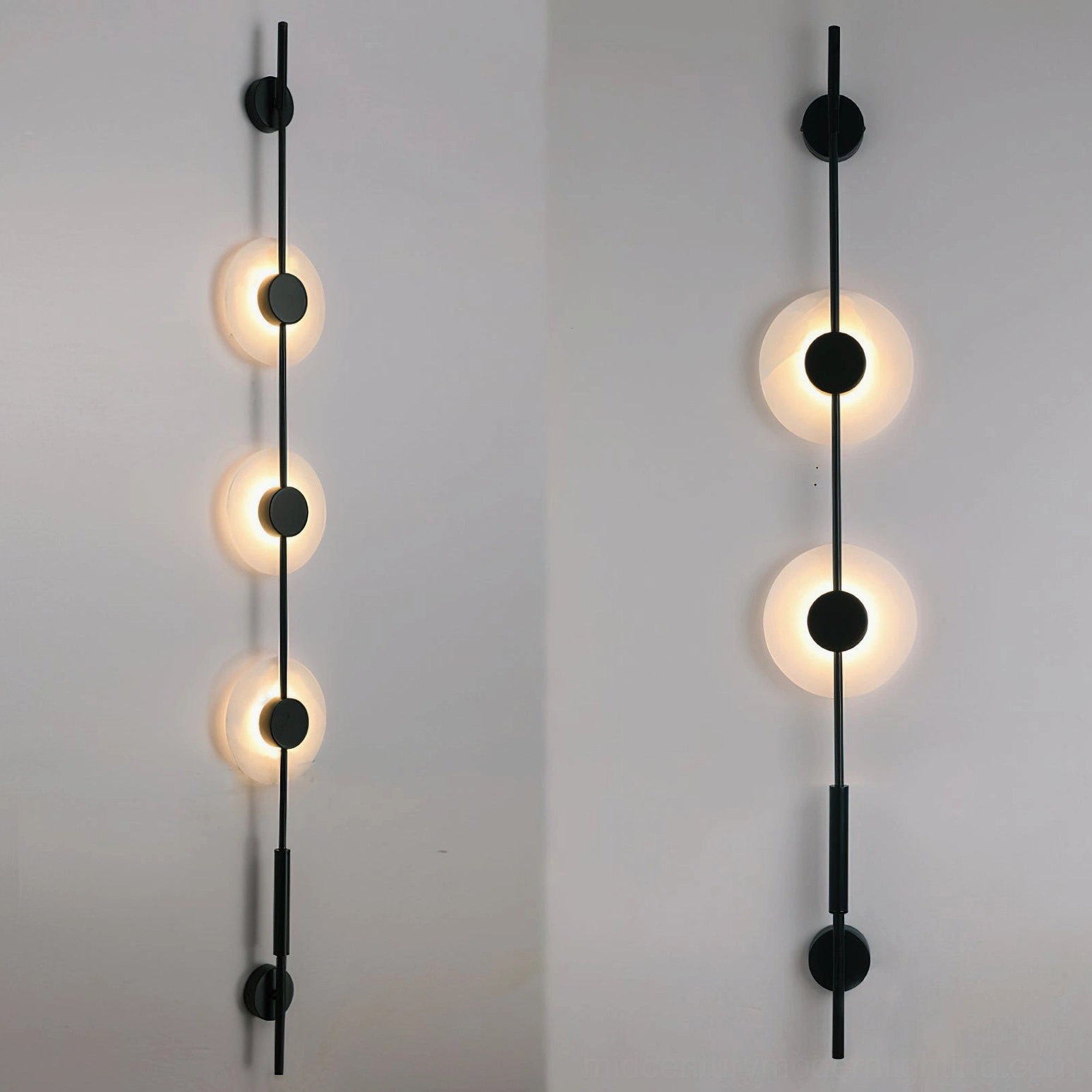 Comparison shot of vertical alabaster wall lamps showing two and three light configurations in matte black finish on studio background