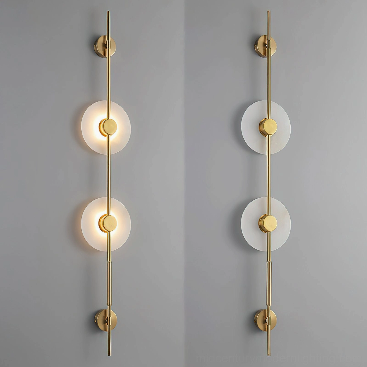 Studio flat lay of two vertical alabaster wall lamp variants in brass gold finish with different frosted glass shade styles