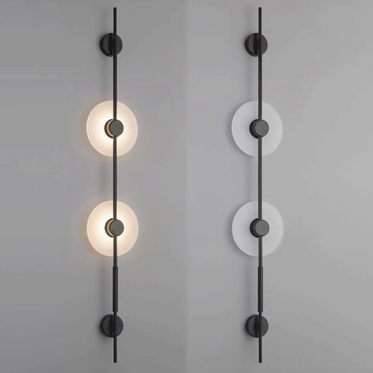 Vertical alabaster wall lamp detail showing integrated LED warm light diffusion through frosted glass and alabaster material
