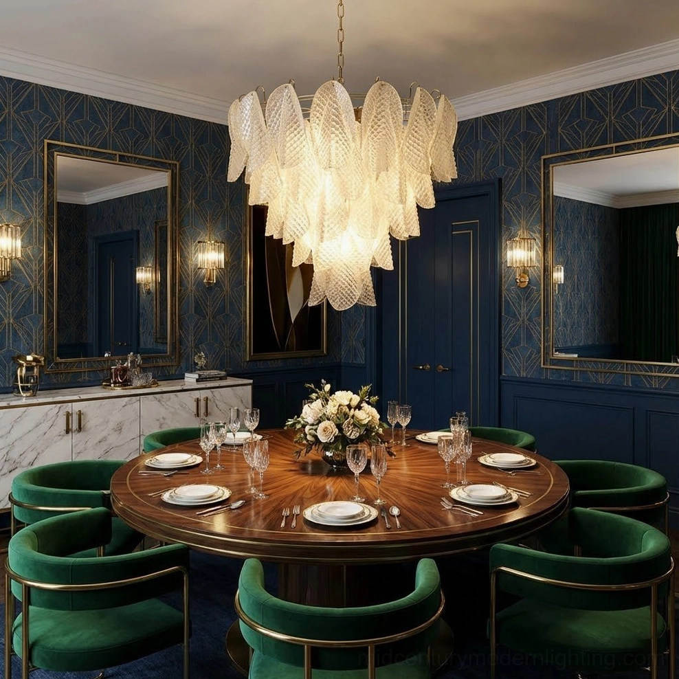 Ripple glass chandelier in blue luxury dining room with green velvet chairs and dark wood round table