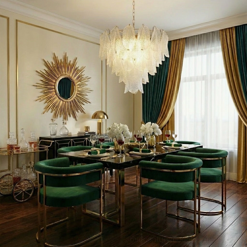 Ripple glass chandelier in glamorous gold-accented dining room with sunburst mirror and green velvet seating