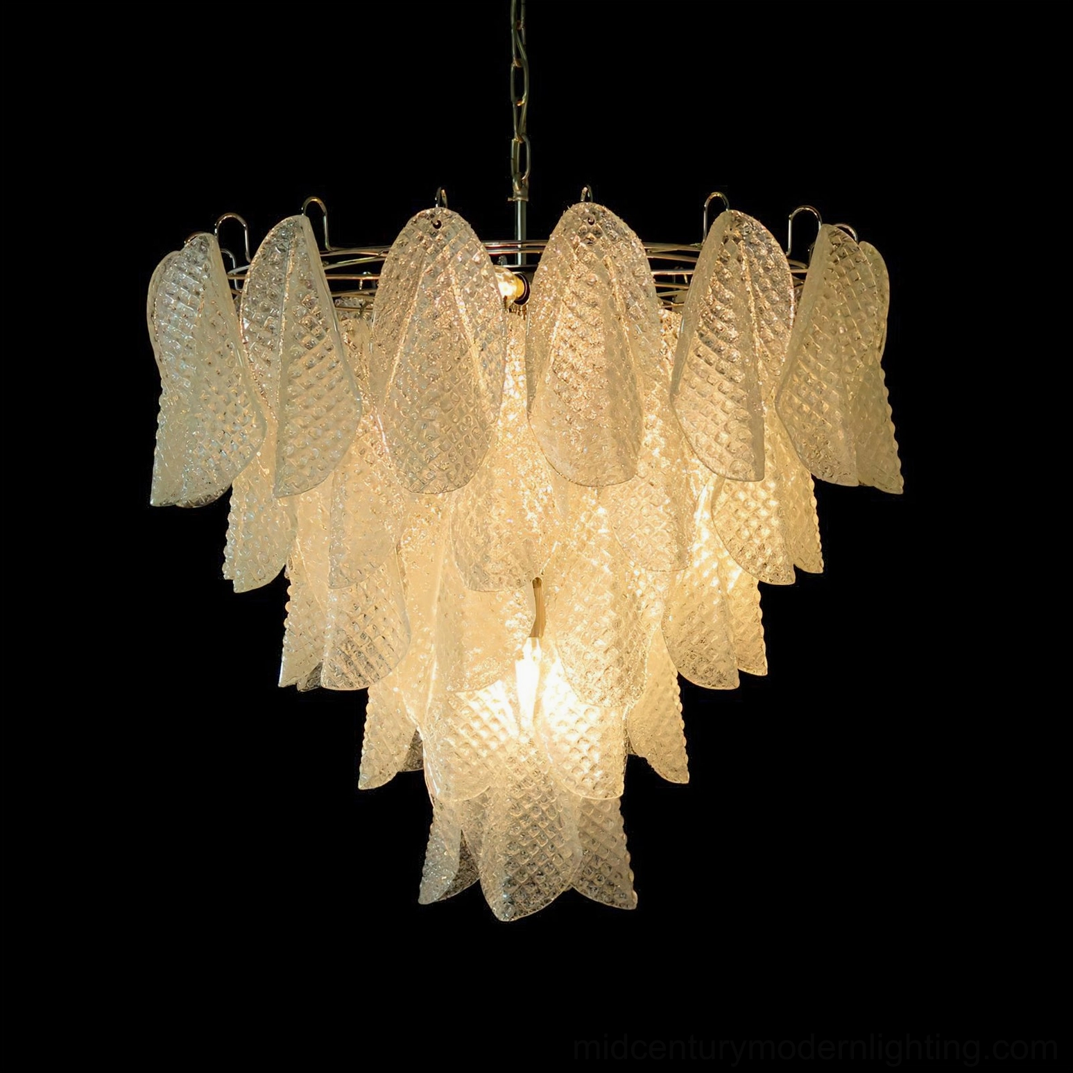 Ripple glass chandelier close-up showing handcrafted frosted glass petal texture and details