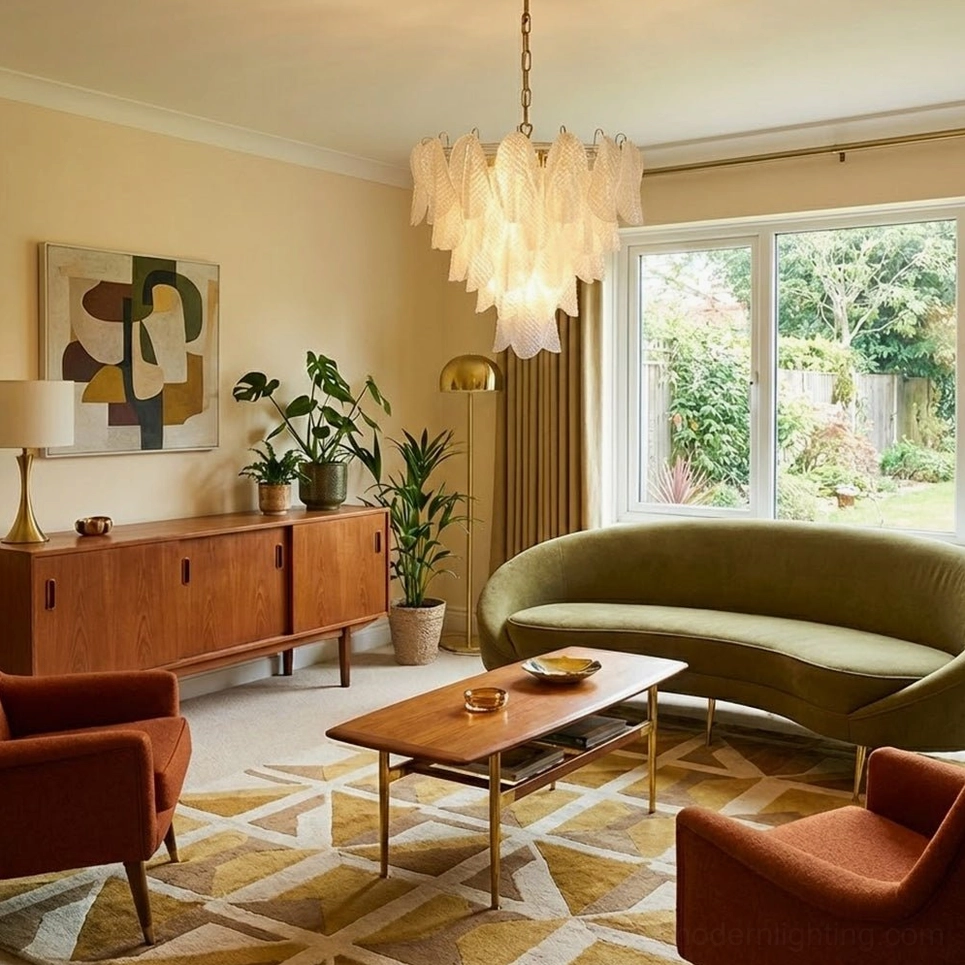 Vianna ripple glass chandelier in mid-century modern cozy living room with green velvet sofa and wood cabinetry