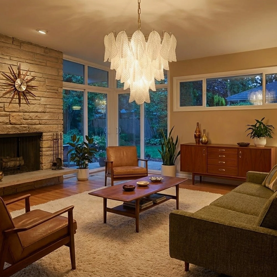 Mid-century modern ripple glass chandelier in rustic living room with stone fireplace and brown leather furniture