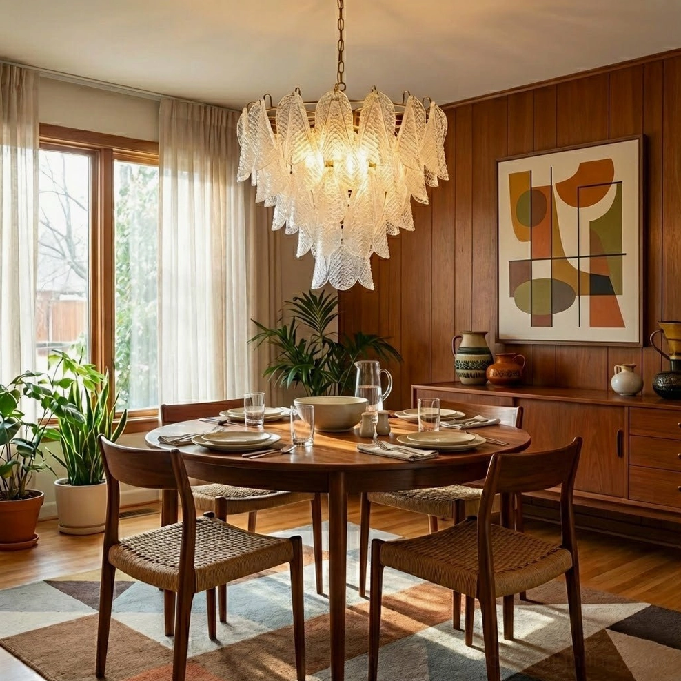Mid-century modern ripple glass chandelier in vintage wood-paneled dining room with warm luxury ambiance