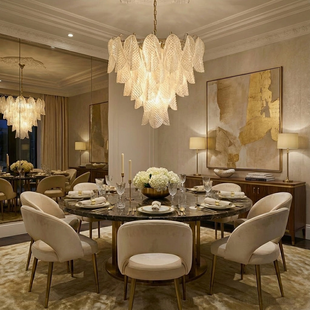 Murano-style ripple glass chandelier in formal classic dining space with beige upholstered chairs
