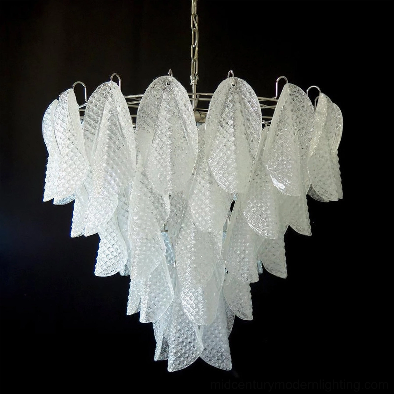 Vianna ripple glass chandelier front facing view emphasizing glass petal layering and metal frame
